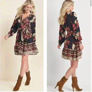 Venus floral printed peasant dress bohemian black red boho tiered autumn size 16
